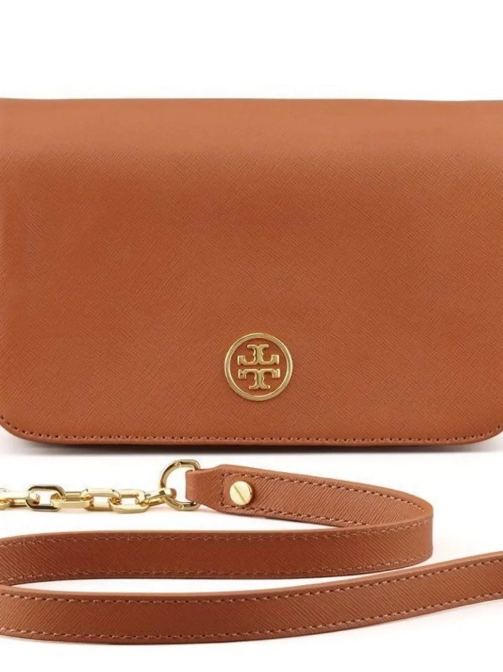 Tory Burch Brown Leather Shoulder Bag purse Gold Logo & chain Robinson crossbody